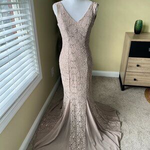 Elegant Lace Tan Mermaid Formal Beige Tan Evening Gown